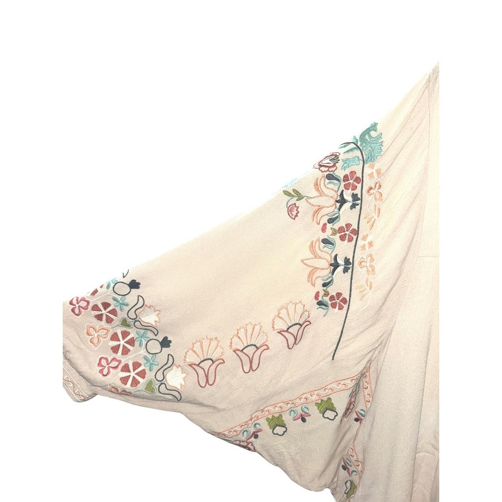 Anthro Three Bird Nest Embroidered Boho Peasant Blouse Beige Large - Picture 6 of 9
